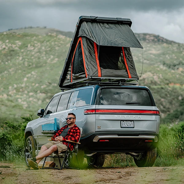 Badass Tents RUGGED Rooftop Tent (Universal Fit) w Top Crossbars Action Shot Camper 2