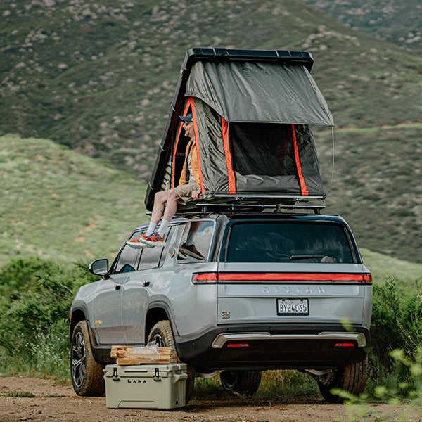 Badass Tents RUGGED Rooftop Tent (Universal Fit) w Top Crossbars Action Shot Camper