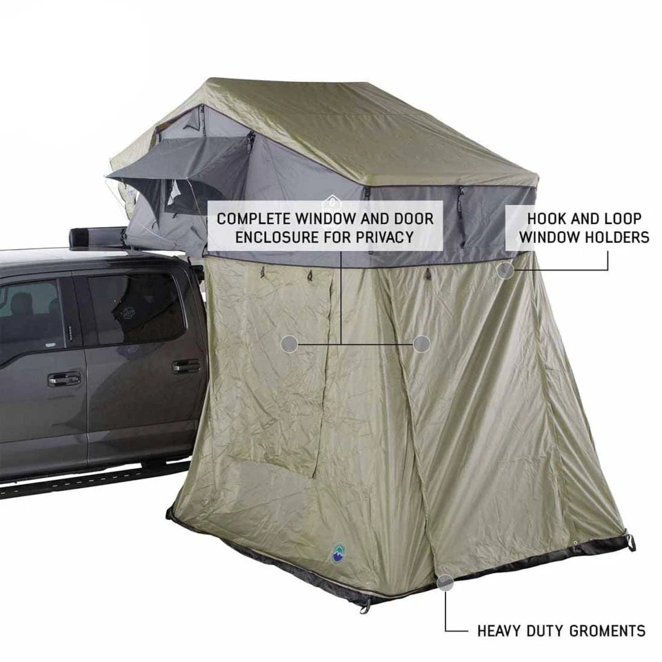 Nomadic-Roof-Top-Tent-Annex-Green-Base-With-Black-Floor-Travel-Cover-closed-doors-windows