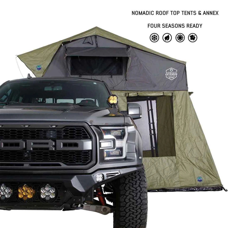 Nomadic-Roof-Top-Tent-Annex-Green-Base-With-Black-Floor-Travel-Cover-front-view-truck