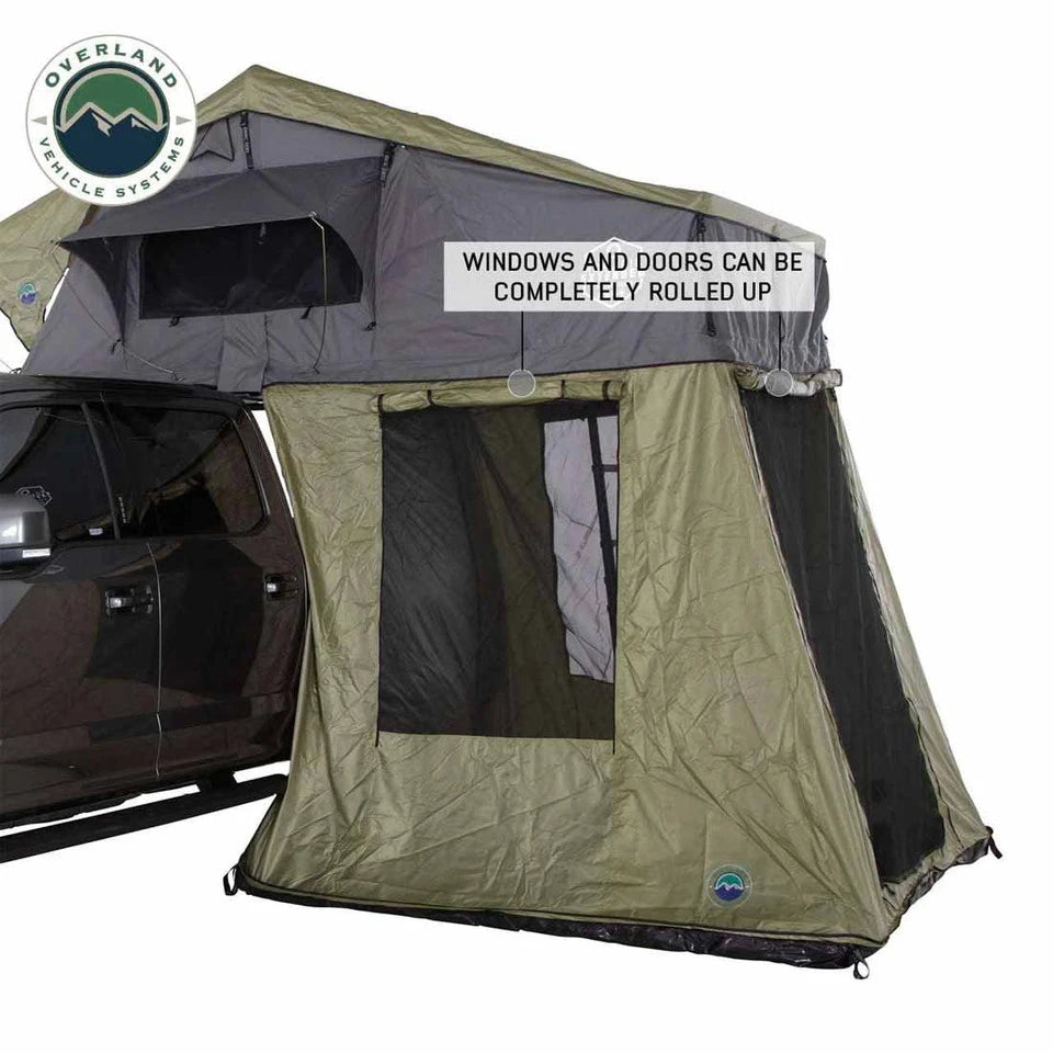 Nomadic-Roof-Top-Tent-Annex-Green-Base-With-Black-Floor-Travel-Cover-windows-rolled-up