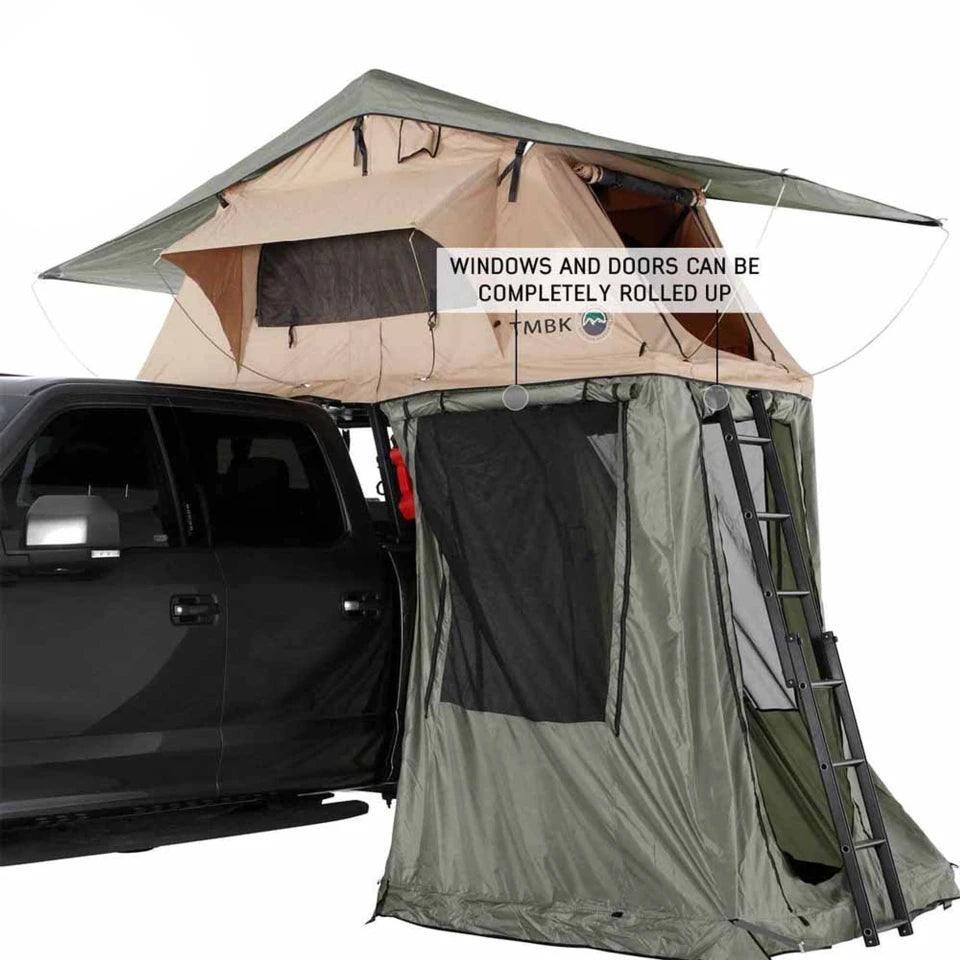 TMBK-Roof-Top-Tent-Annex-Green-Base-With-Black-Floor-Travel-Cover-door-window-rolled-up