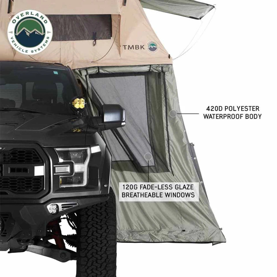 TMBK-Roof-Top-Tent-Annex-Green-Base-With-Black-Floor-Travel-Cover-front-view-on-truck