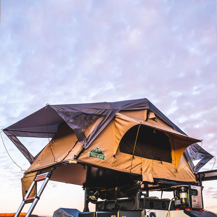 TUFF STUFF OVERLAND Trailhead Roof Top Tent Open on Trailer