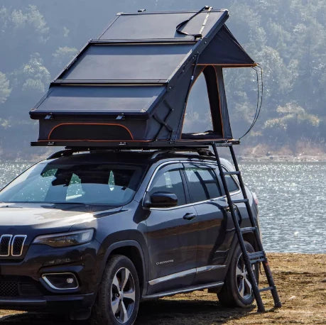 Trustmade Triangle Aluminium Black Hard Shell Grey Scout Max High Ridge Rooftop Tent Action Shot w Ladder